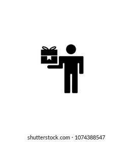 Man carry gift, present box vector icon