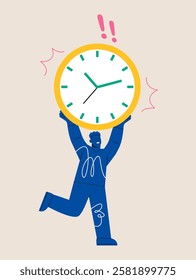 Man carry heavy big clock. concept of overworked and overtime. Colorful vector illustration
