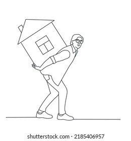 Man carry heavy house. The heavy burden of credit mortgages. Hand drawn vector illustration. Black and white.