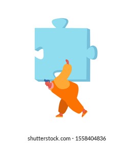 Man Carry Huge Puzzle Piece on Back Isolated on White Background. Male Character Assembling Separated Construction, Searching Idea and Creative Solution of Problem. Cartoon Flat Vector Illustration