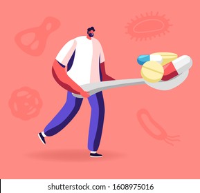 Man Carry Huge Spoon Full of Medicine Pills with Various Microbes, Viruses and Bacteria Flying around. Illness Prevention, Disease Treatment Pandemic Spreading Concept. Flat Vector Illustration