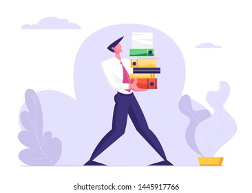 Man Carry Huge Steak of Documents Folders . Businessman, Office Employee Character Overload at Work, Very Busy Day, Accounting Bureaucracy, Manager at Workplace. Cartoon Flat Vector Illustration