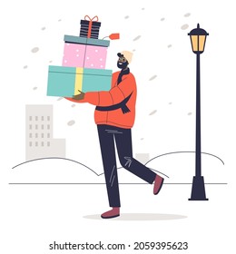 Man carry pile of christmas gifts for greeting with winter holidays and new year celebration. Seasonal shopping sales for xmas presents concept. Cartoon flat vector illustration