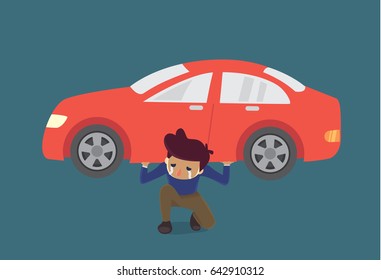 Man carry a red car on shoulder. Illustration about monthly installments too heavy.