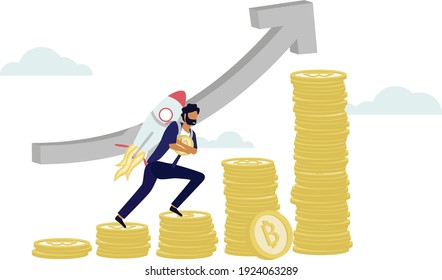 A man carry rocket while climbing the step of cryptocurrency bitcoin tower in soaring upside growth price. Minima investments for bitcoin and blockchain technology