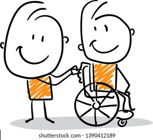 Man carrying about man in 
disabled carriage- isolated vector illustration outline hand drawn doodle line art cartoon design character.
