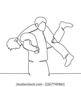 hombre cargando a otro hombre en su espalda - un vector de dibujo de línea. protección conceptual y ayuda a los débiles