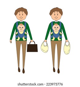 A man carrying a baby on his way back from work/grocery shopping, vector illustration