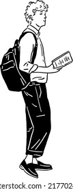 Man carrying backpack and book People lifestyle Campus student Hand drawn line art illustration