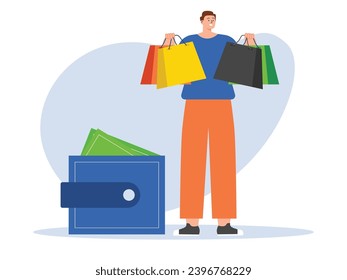 Man carrying a bag of buying things, shopping at the mall with a wallet. Character design. Vector flat illustration