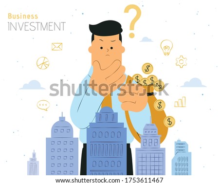 Man carrying a bag of money and considering investment options, Make Investing Decisions concept flat design