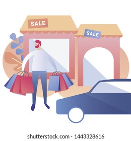 Man Carrying Bags with Purchases. Guy Waits for Car Taxi on Parking after Visiting Shop Mall. Seasonal Discounts and Sale Offer. Cartoon Flat Vector Store Building with Advertisement Illustration