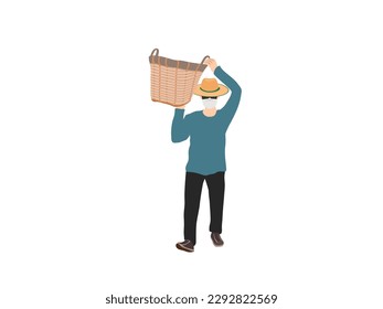 A man is carrying a basket.