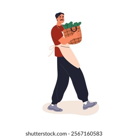 Man carrying basket, fresh organic vegetables, eco green farm harvest. Farmer vendor walking in apron holding wicker with natural produce. Flat vector illustration isolated on white background