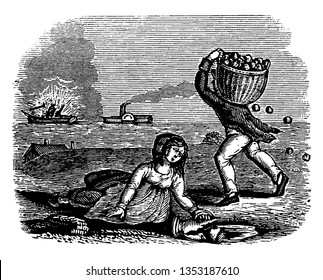 A man carrying basket of fruits, fruits falling from basket on ground, woman sitting on ground, vintage line drawing or engraving illustration