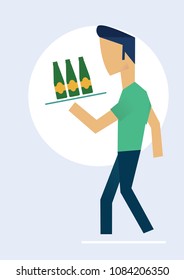 Man carrying Beer Bottles. Waiter walking. Vector illustration of man and beer bottles
