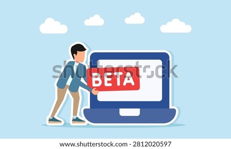 Man carrying beta text near laptop illustration of desktop application build system