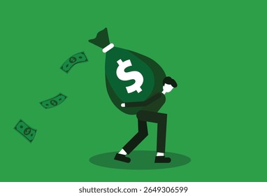 homem carregando uma grande sacola de dinheiro. homem que está cansado e lutando para carregar uma sacola de dinheiro. pagando contas. design vetorial de caráter minimalista sobre negócios