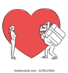 man carrying big gift for his lover in the background of red heart shape vector illustration sketch doodle hand drawn with black lines isolated on white background