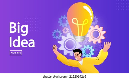 Man carrying a big light bulb and gear. Coworkers, team, thinking, question, idea, brainstorm concept. Flat cartoon vector illustration.