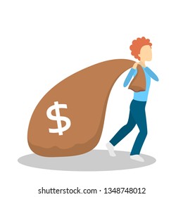Man carrying big money bag. Idea of finance wealth and money savings. Profit and success. Professional investor. Isolated flat vector illustration