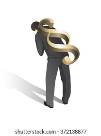 Man carrying a big paragraph on his back. The metaphor of struggling with legislation.
