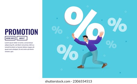 man carrying big percentage sign. business and sales. financial debt on back. High interest rate on debt collection. financial crisis and cost of living. Cartoon vector illustration.