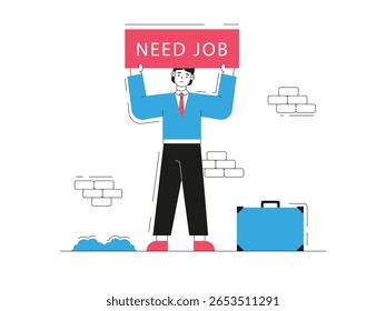 Hombre llevando una tabla buscando trabajadores, desempleados. Diseño de personajes. Ilustración plana de Vector.