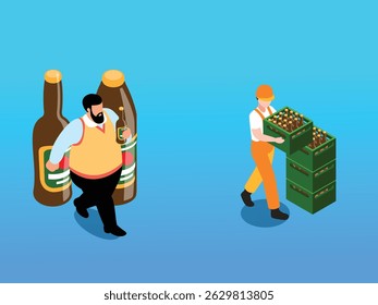 a man carrying a bottle of alcohol and two large bottles in the background isometric 3d vector illustration