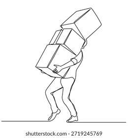 El hombre que lleva la caja casi cae en un dibujo de línea. Hombre que lleva la caja casi cae ilustración de una sola línea. Hombre que lleva la caja casi cae arte de línea minimalista. Hombre que lleva la caja casi cae Arte vectorial
