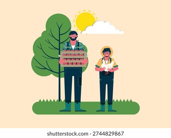 A man is carrying a box of apples from his garden, a boy is standing with a chicken a vector illustrations image Royalty free