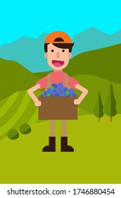 a man carrying a box of blueberry with mountain view