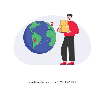 Man carrying a box, buying goods from abroad. Character design. Vector flat illustration