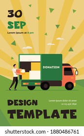 Man carrying box with clothes to donation truck. Courier, volunteer, vehicle flat vector illustration. Volunteering, charity, aid concept for banner, website design or landing web page