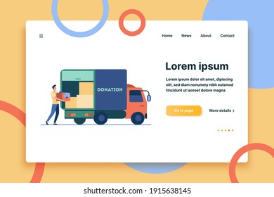 Hombre cargando una caja con ropa a un camión de donación. Courier, voluntario, ilustración vectorial plana de vehículo. Voluntariado, caridad, concepto de ayuda para banner, diseño de sitios web o página web de aterrizaje