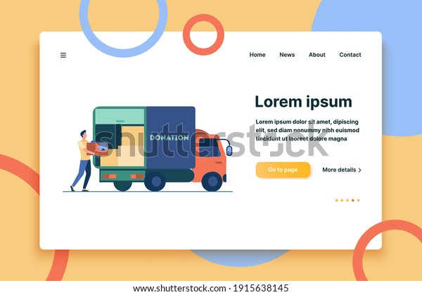 Man carrying box with clothes to donation truck.
Courier, volunteer, vehicle flat vector illustration. Volunteering,
charity, aid concept for banner, website design or landing web
page