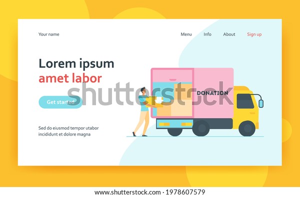Man carrying box with clothes to donation truck.\
Courier, volunteer, vehicle flat vector illustration. Volunteering,\
charity, aid concept for banner, website design or landing web\
page