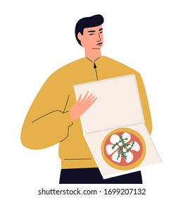 Man carrying box with food. Deliveryman. Fastfood courier service. Takeaway concept. Man holding open box with pizza close up. Pizza delivery flat vector illustration.