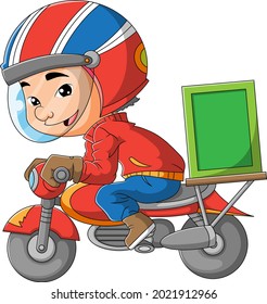 The man is carrying the box with the motorcycle of illustration