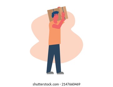 Hombre cargando una caja en su hombro. Ilustración plana simple