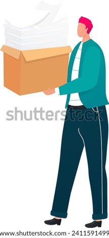 Man carrying box of papers, office work, modern flat style. Overwhelmed employee with documents, corporate concept vector illustration.