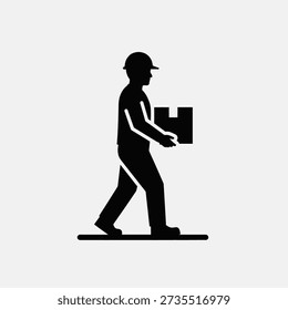 Man carrying box silhouette, worker moving package, simple icon, logistics concept