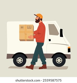 a man carrying a box and there is a cargo car.