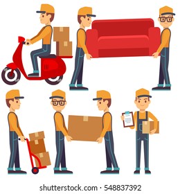 Man carrying boxes, delivery service people vector set.