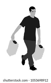 Man carrying boxes of goods. Delivery laborer service. Distribution and procurement. Boy holding heavy package for drink store. Hard worker transportation by hand. Warehouse activity.  