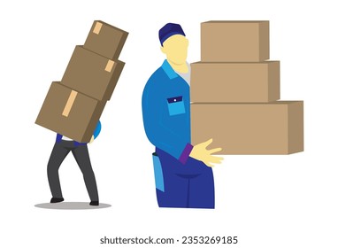 man carrying boxes in his hands, an isolated illustration featuring a flat cartoon. The scenario captures the concept of a person engaged in activities such as moving to a new office space,