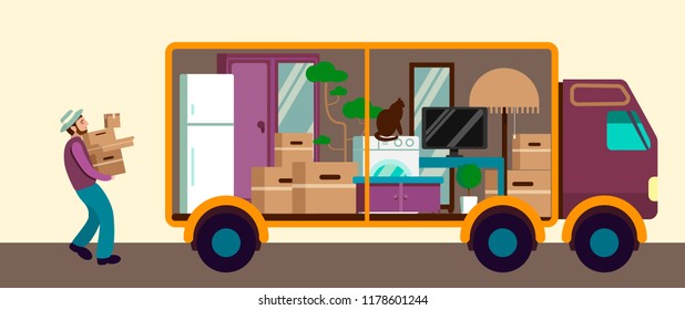 Man carrying boxes to the moving truck full of furniture and boxes. Flat vector illustration.