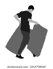 Man carrying boxes procurement. Delivery man service. Distribution and supplies . Boy holding heavy package. Laborer in warehouse.  Restaurant purchase goods. Worker hand transport method. Hard worker