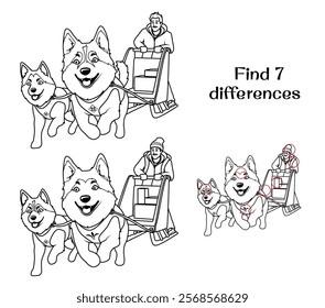 Man carrying boxes in a sleigh with dogs. Find 7 differences. Tasks for children. Vector illustration