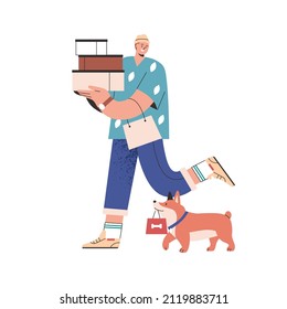 Man carrying boxes stack and bag after shopping. Happy shopper walking with dog. Guy buyer with purchases in hands. Customer holding lot of packs. Flat vector illustration isolated on white background